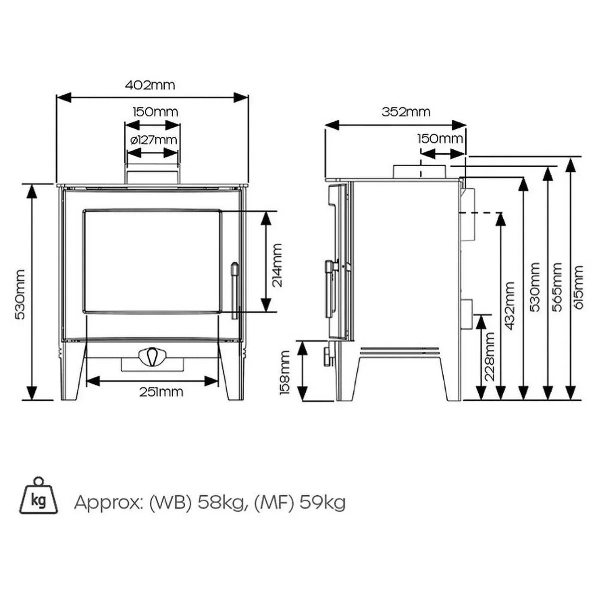 Wood burning stove technical drawing with dimensions and weight details
