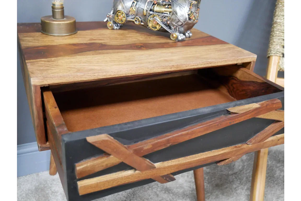 Wooden bedside table with geometric drawer design and open drawer