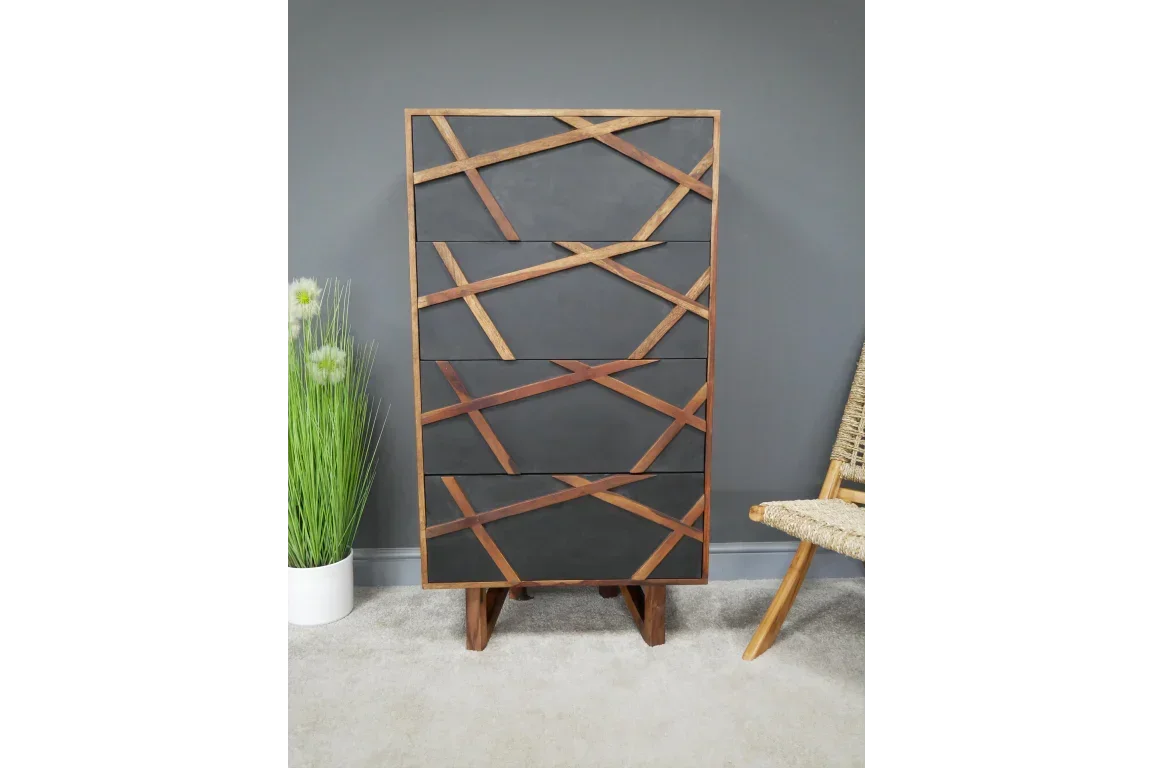 Tall chest of drawers with black front and crisscross wood accents in modern room