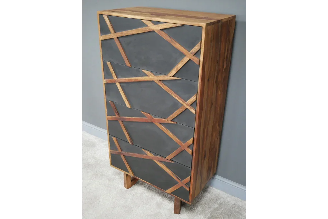 Tall chest of drawers with black front panels and geometric wood inlay design