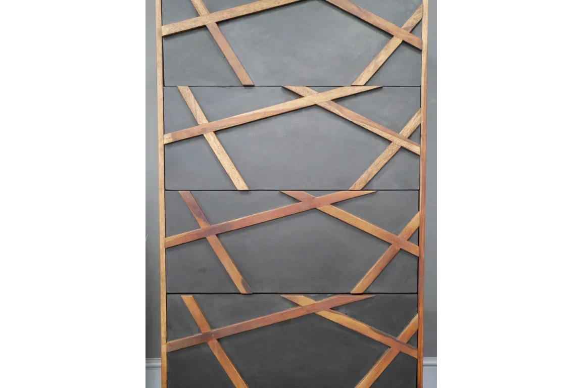 Modern chest of drawers with black panels and diagonal wood accents