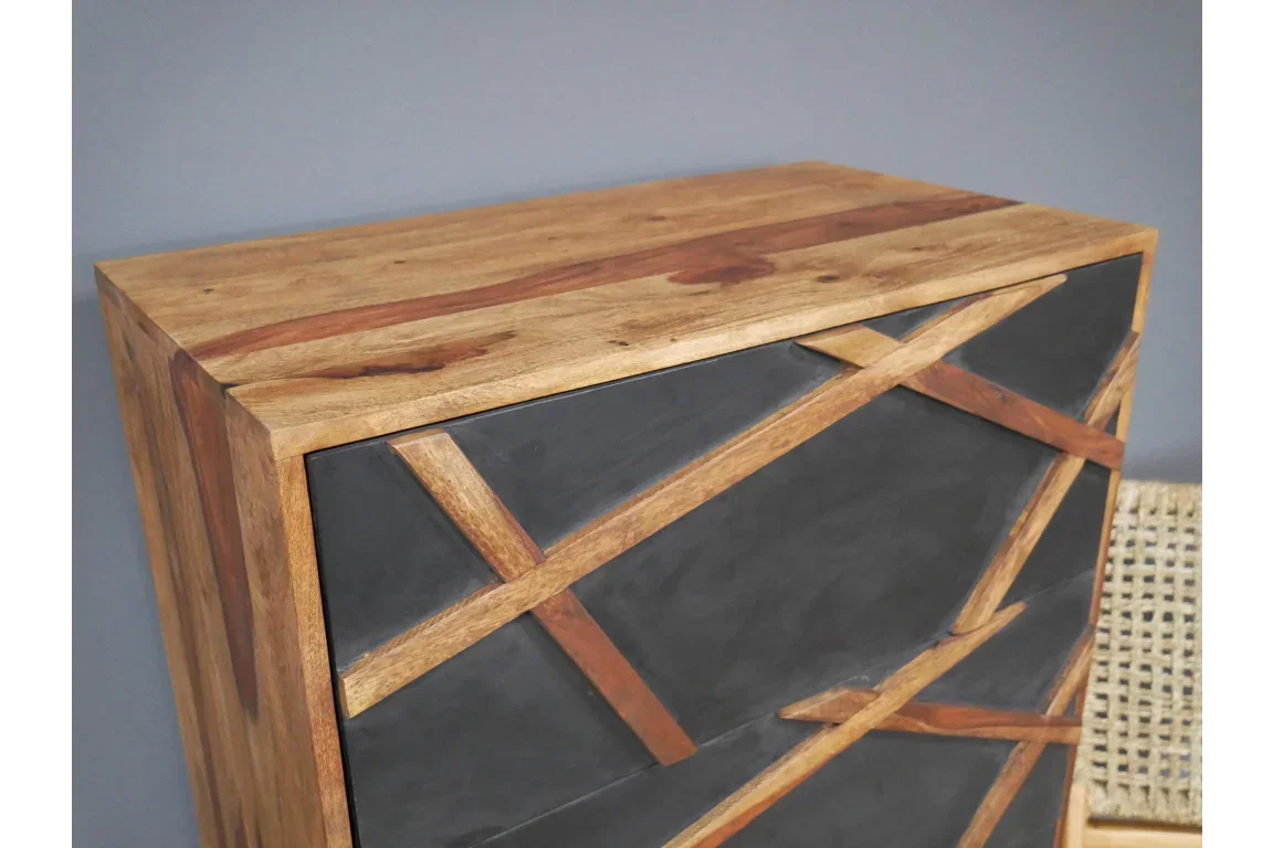 Modern wooden cabinet with geometric black panel design and natural wood accents