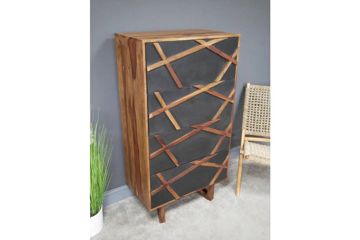Tall wooden chest of drawers with black fronts and geometric wood inlay pattern