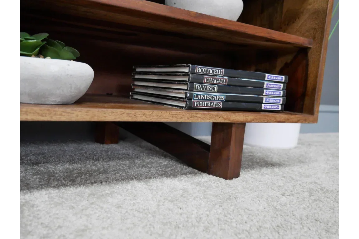 Wooden bookshelf on carpet with stacked art books and small white planter