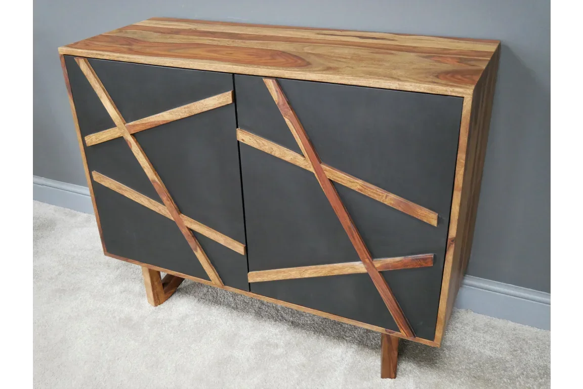 Modern wooden sideboard with black doors and geometric wood inlay on carpeted floor