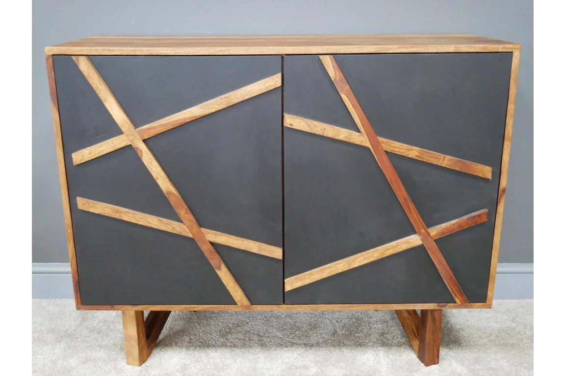 Modern wooden sideboard with black doors featuring diagonal wood inlay pattern