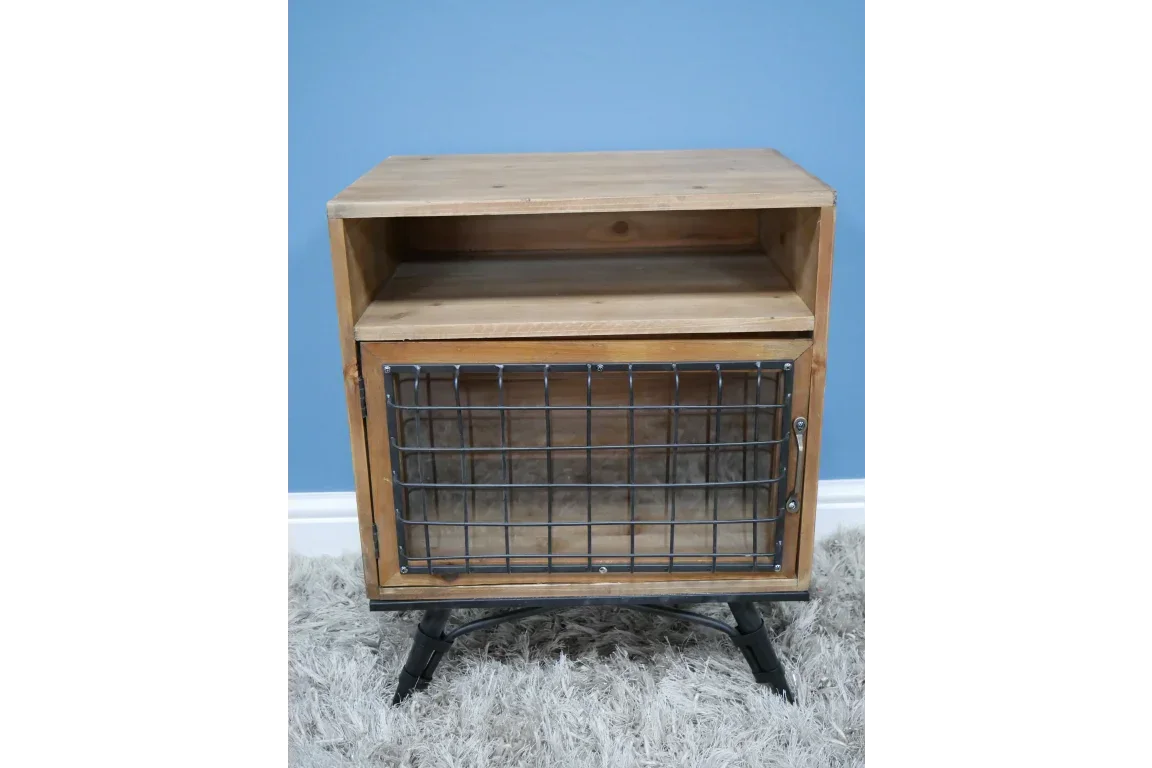 Rustic wooden bedside table with metal mesh door and open storage shelf