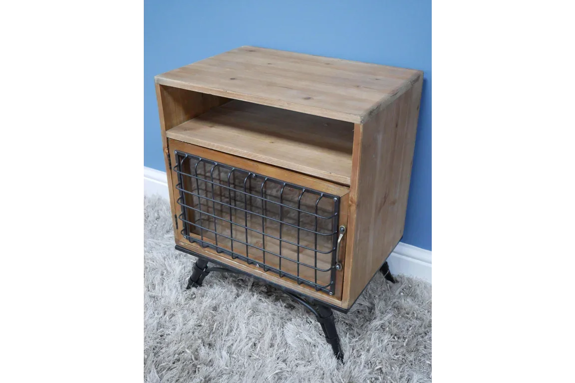 Industrial wooden bedside table with metal mesh door and open shelf on black legs