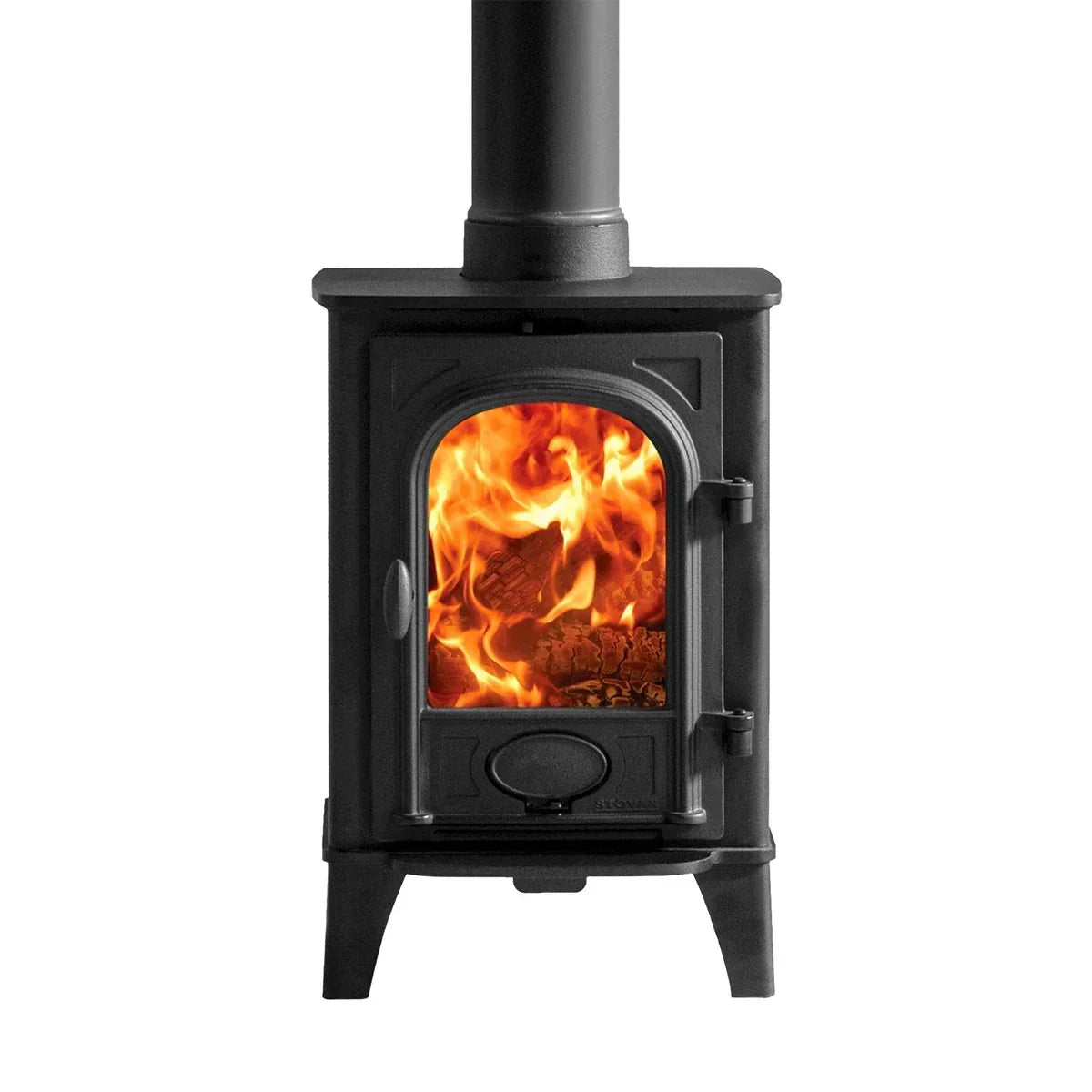 black cast iron wood burning stove with fire visible through glass door, front angle