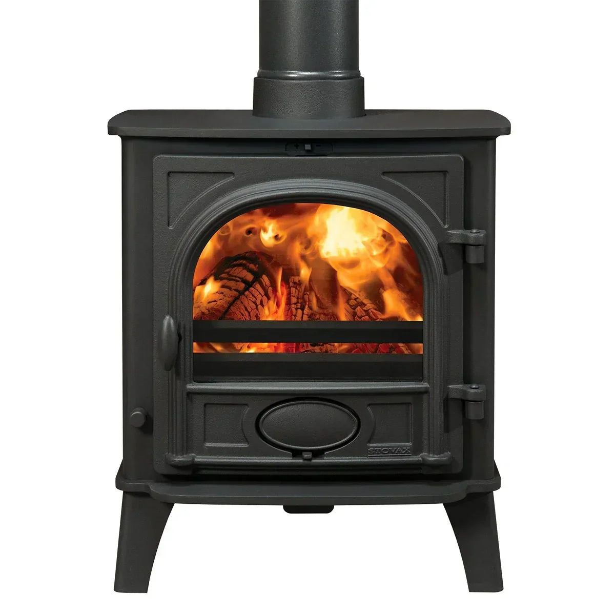 Black cast iron wood burning stove with visible flames and glass front panel
