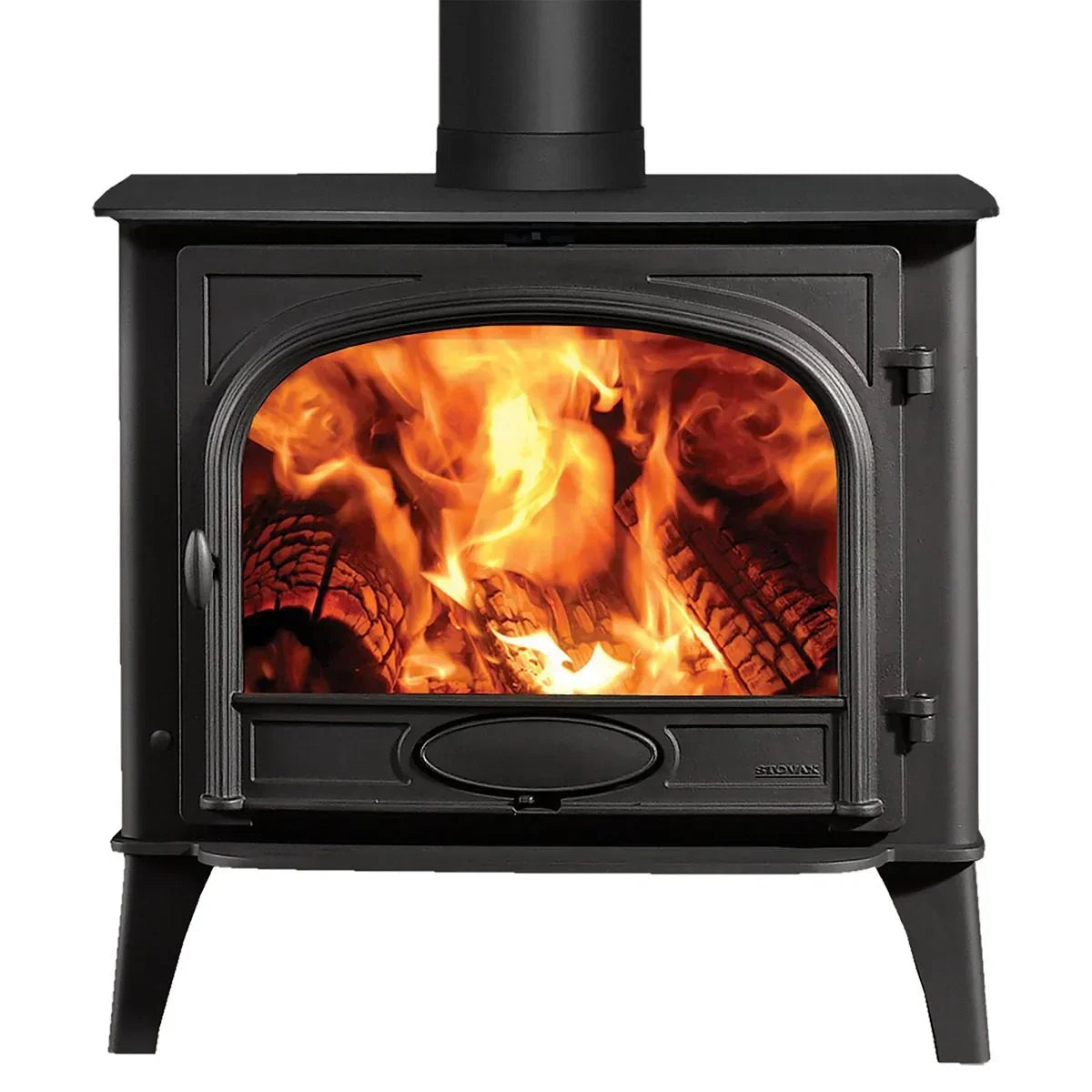 Black cast iron wood burning stove with large glass door showing burning logs and flames
