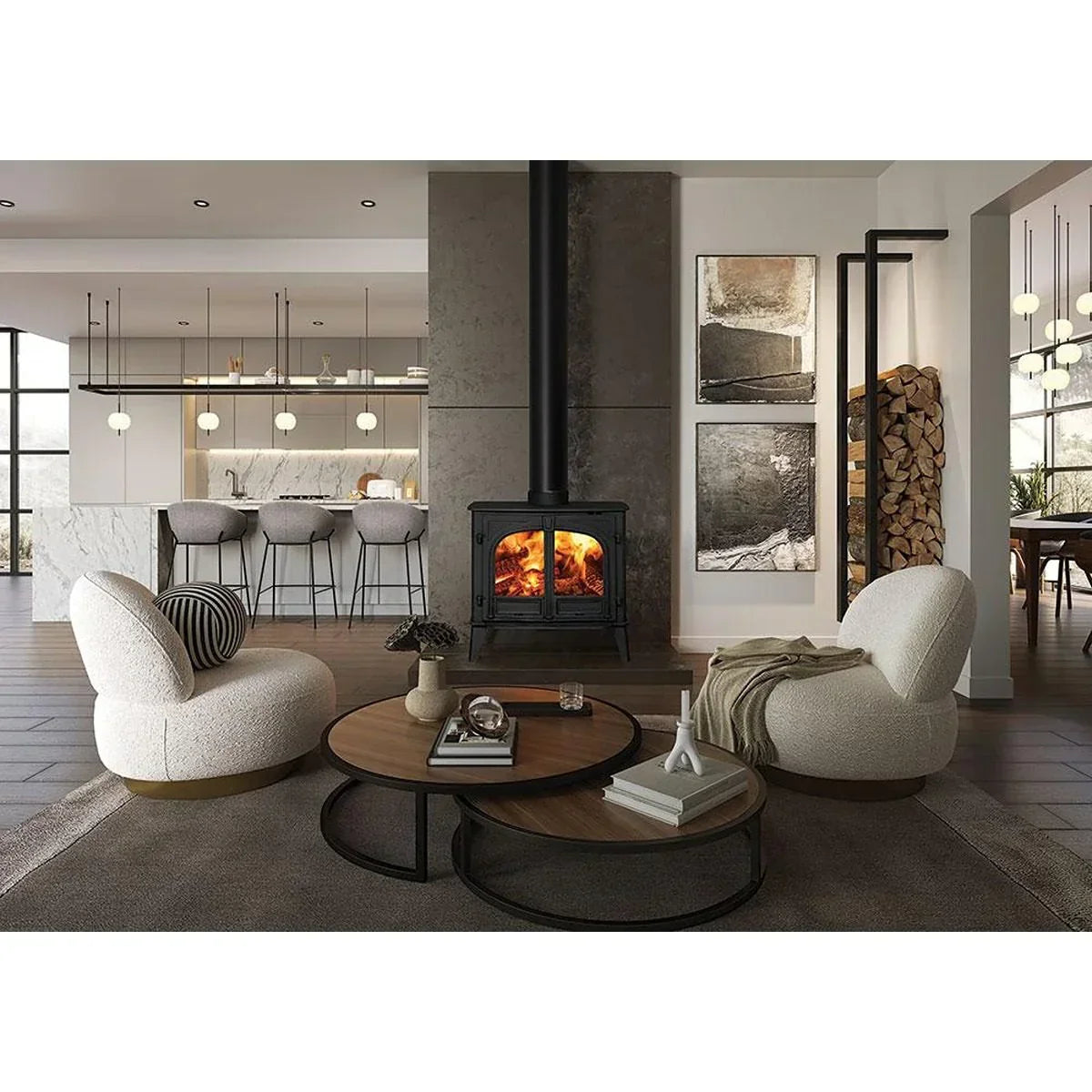 Modern living room with white lounge chairs, wood coffee tables, and fireplace stove