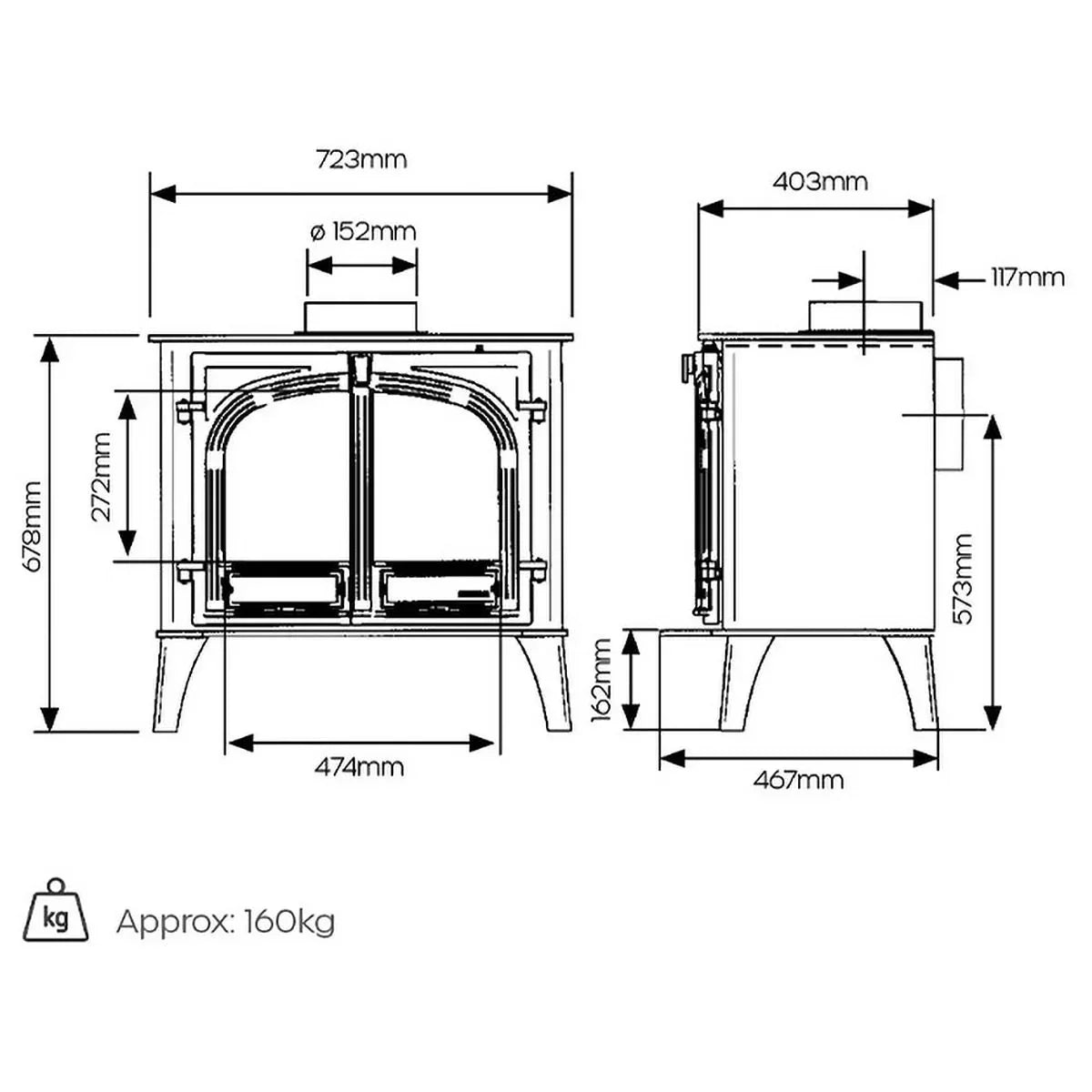 Wood burning stove technical diagram with front and side measurements, 160kg weight shown