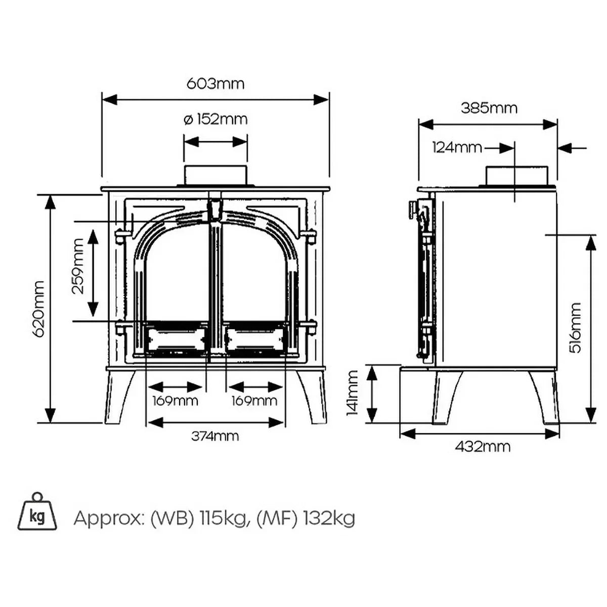 Wood burning stove technical drawing with dimensions and weight details