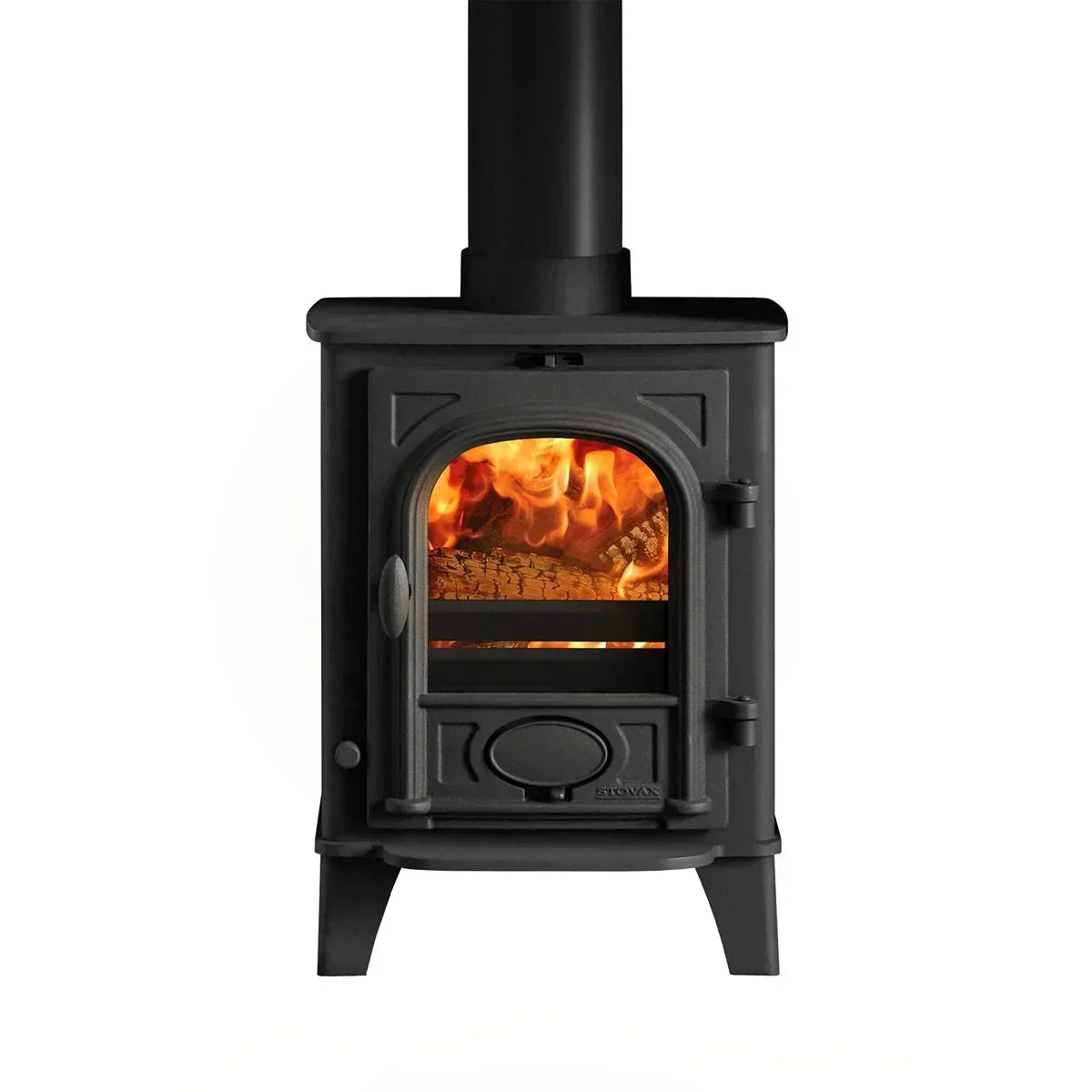 Black cast iron wood burning stove with glass door and visible flames