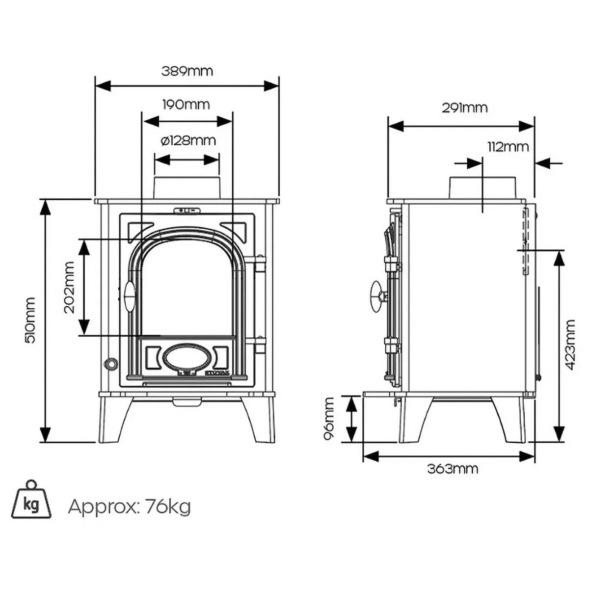 multi fuel stove dimensions diagram with front and side measurements and weight