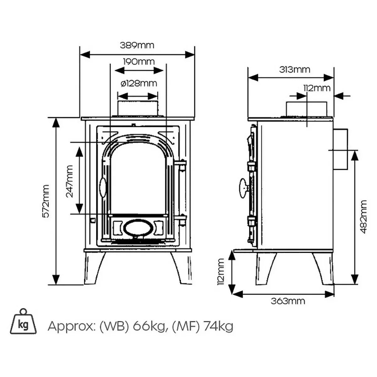 Multi-fuel stove dimensions technical drawing with front and side measurements