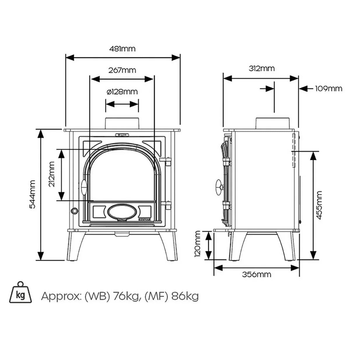 Wood burning stove technical drawing with dimensions and weight listed