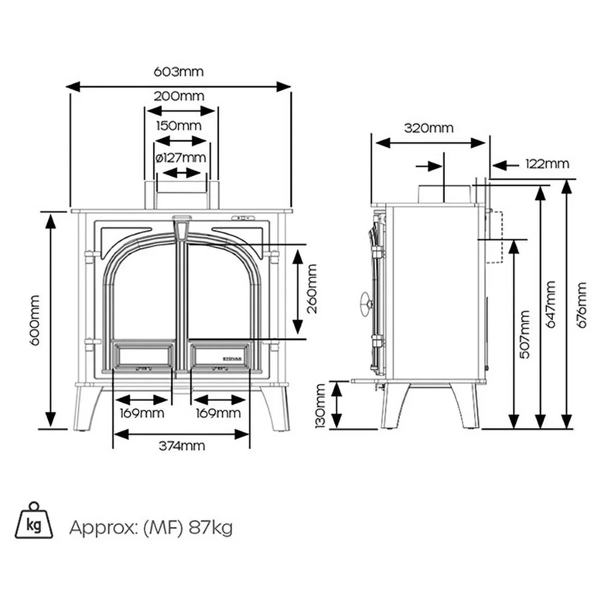Wood burning stove technical drawing with dimensions and weight shown in millimetres
