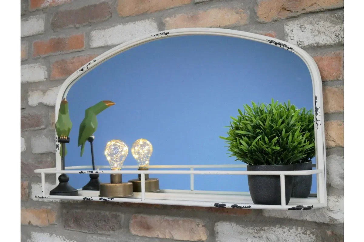 Wall mirror shelf with metal frame, potted plant, bird ornaments and decorative lights