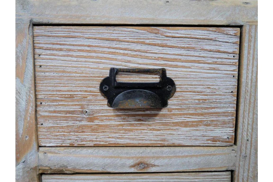 Rustic wooden drawer with black metal pull handle and distressed finish
