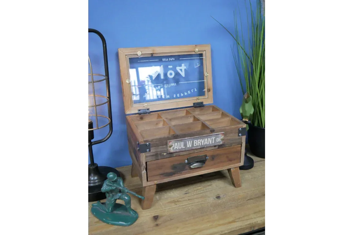 Wooden storage box with glass lid, compartments and metal accents on tabletop