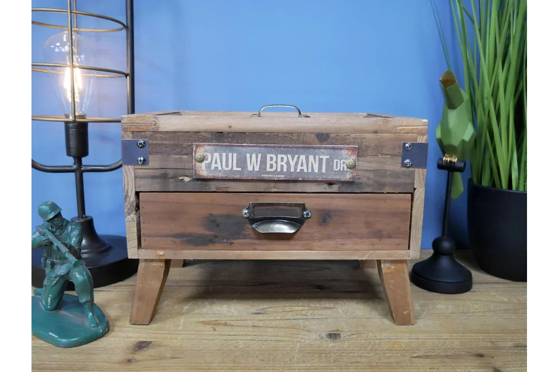 rustic wooden storage box with metal handle and drawer on tabletop, labeled PAUL W BRYANT DR