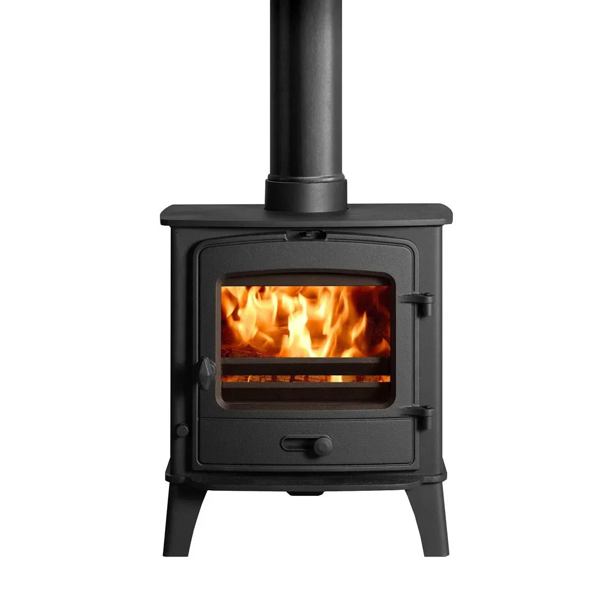 Black cast iron wood burning stove with visible flames and front glass door