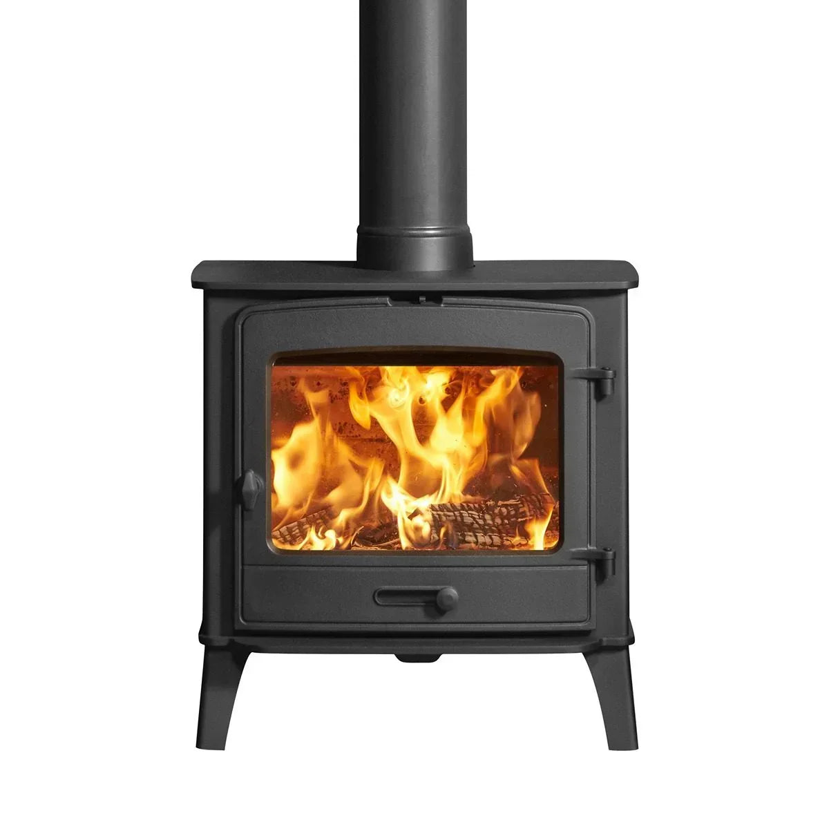 Black wood burning stove with visible flames and glass door front view