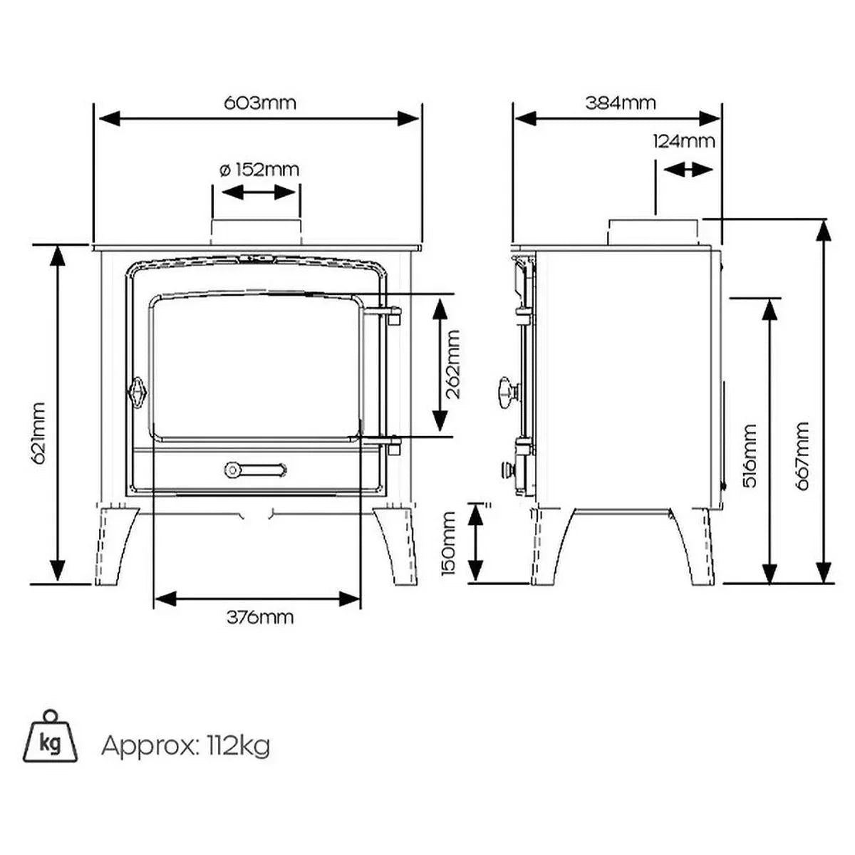 Wood burning stove dimensions technical drawing with height, width, depth and weight details