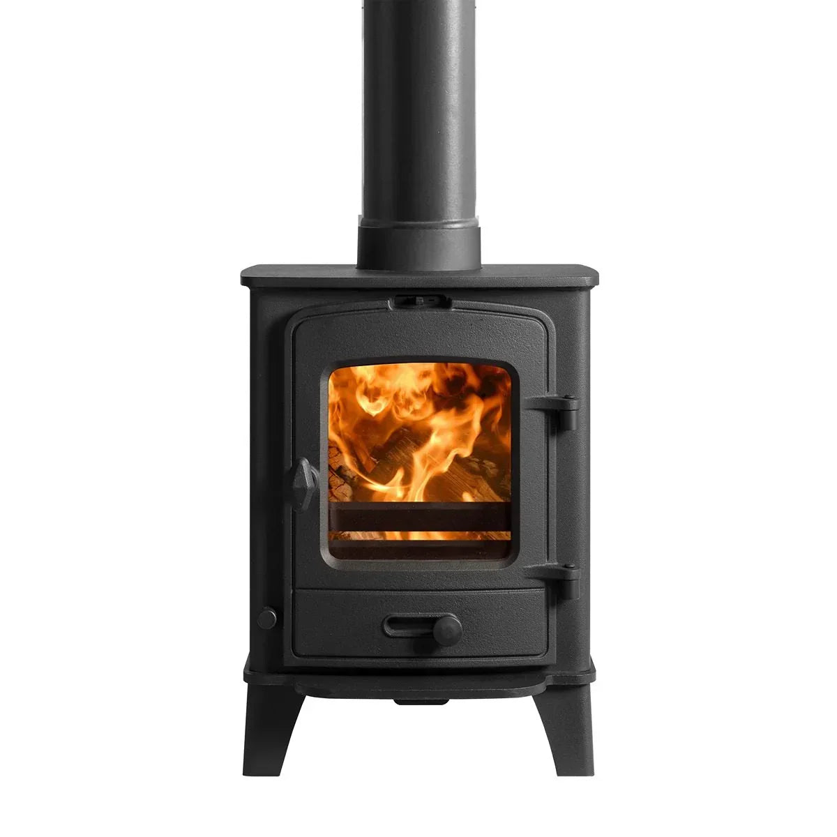 Black freestanding wood burning stove with glass door and active flames