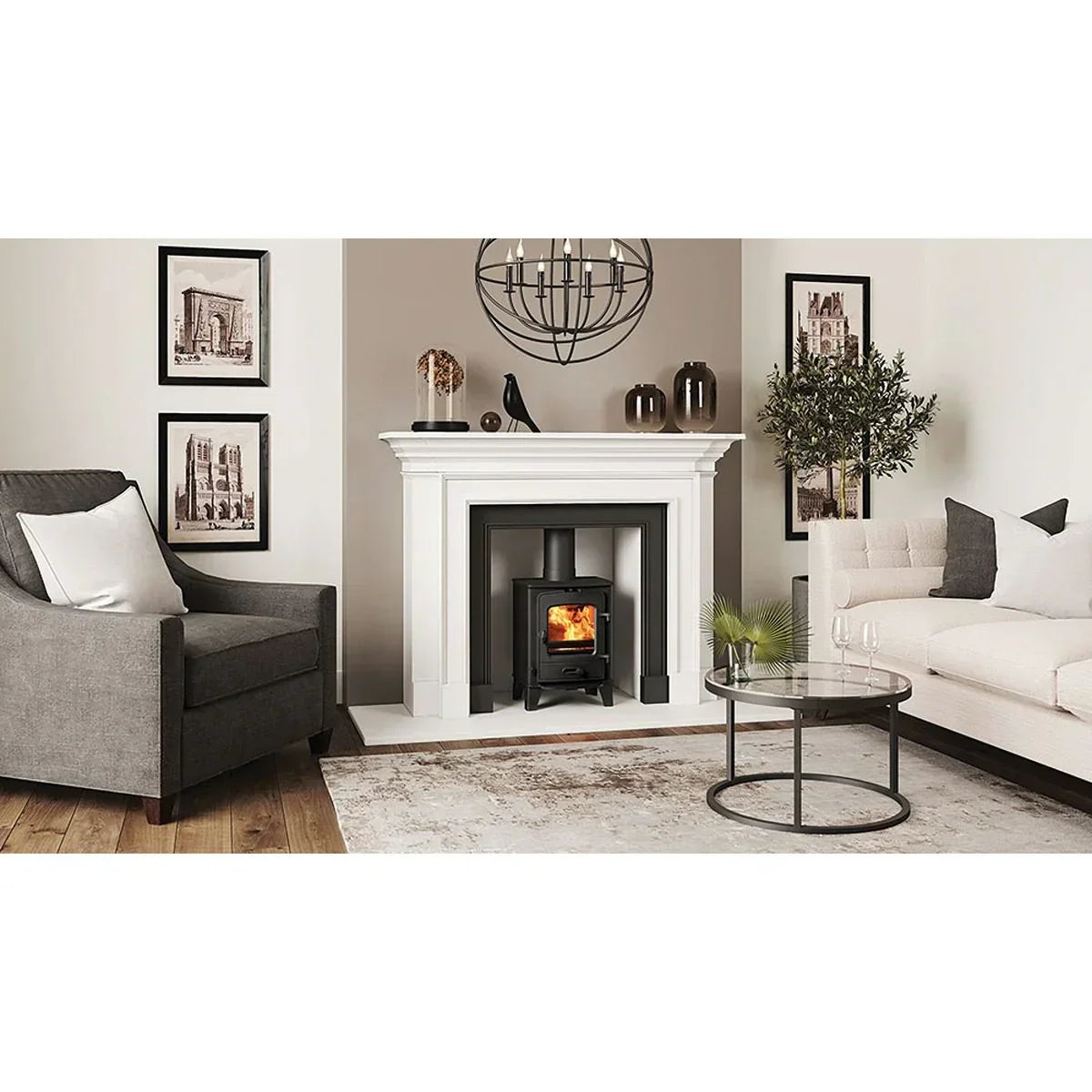 Modern living room with white marble fireplace, log burner, grey armchair, cream sofa