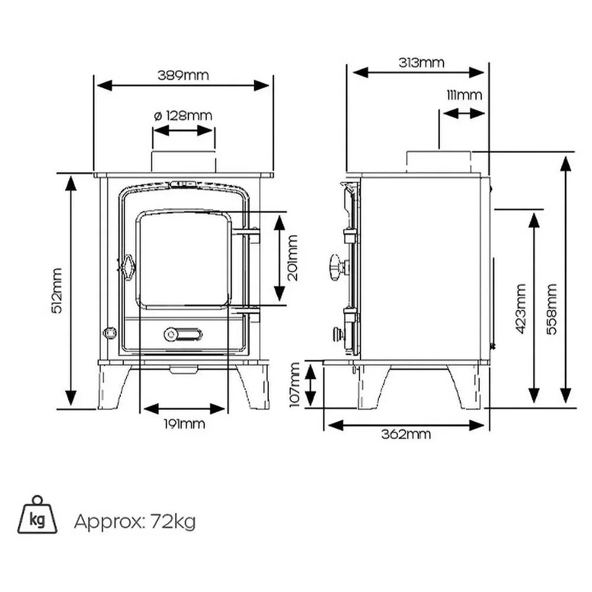 Wood burning stove technical diagram with dimensions and weight specification 72kg
