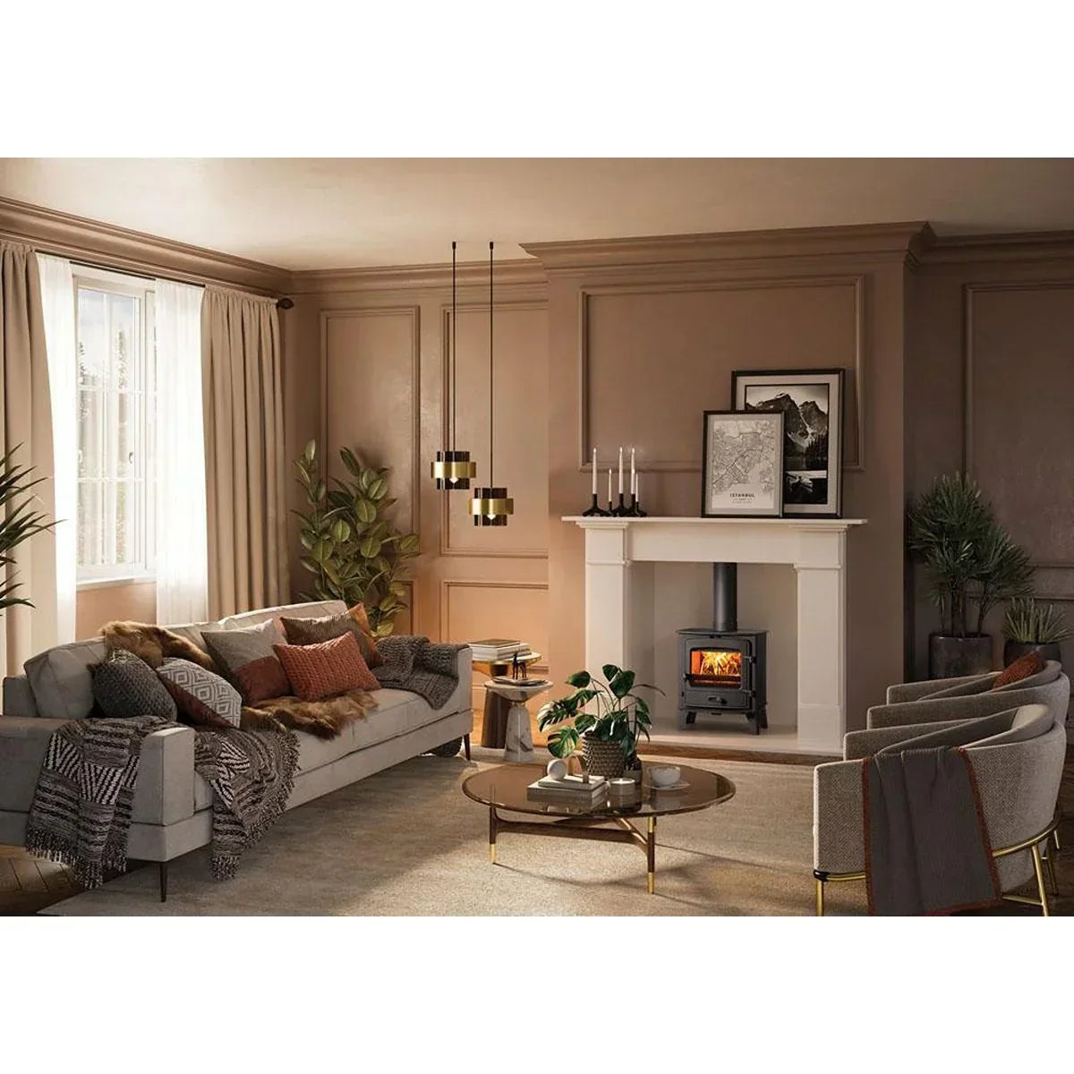 Modern living room with grey sofa, round coffee table and fireplace with wood-burning stove