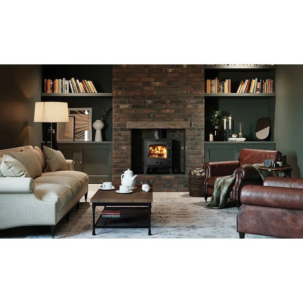 Living room with beige sofa, brown leather armchairs, modern coffee table, and brick fireplace