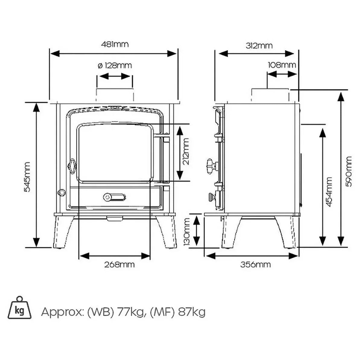 Wood burning stove technical drawing with detailed dimensions and weight specifications