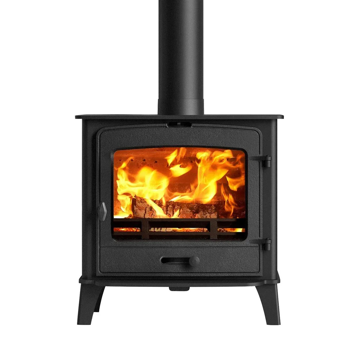 Black wood burning stove with large glass window showing flames and logs inside