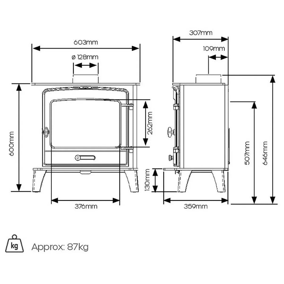 Wood burning stove technical drawing with dimensions and weight details