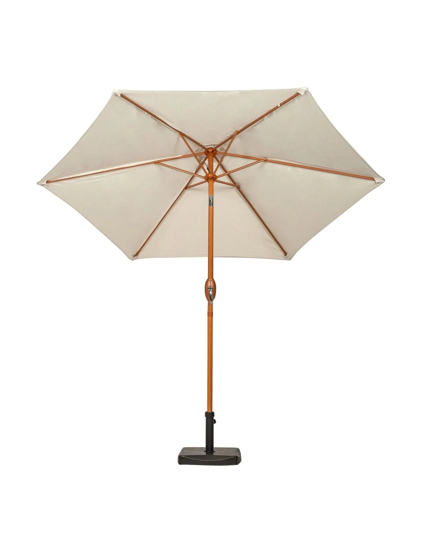 Beige garden parasol with wooden pole and square base, front view