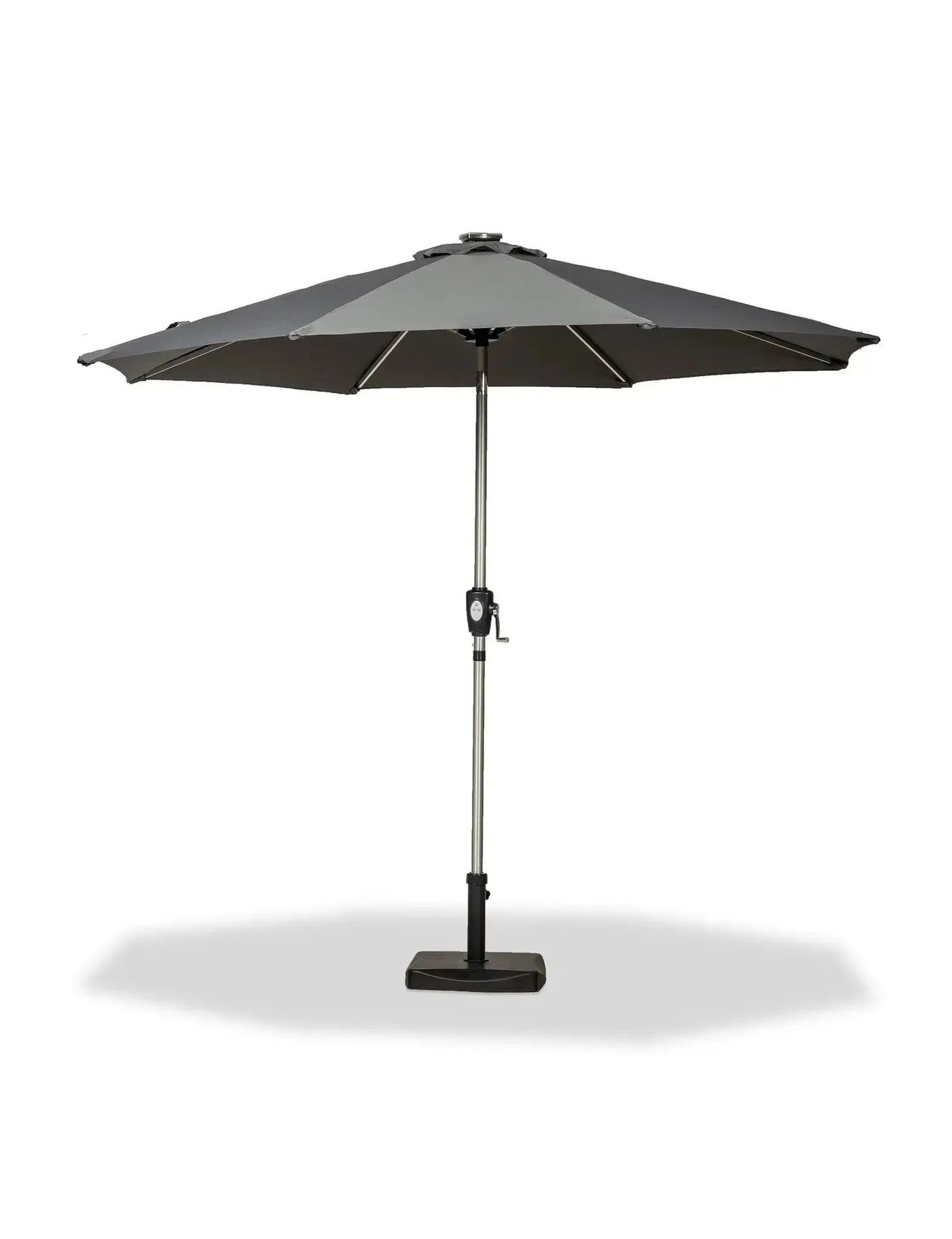 Grey outdoor garden parasol with metal pole and base, crank handle visible at center