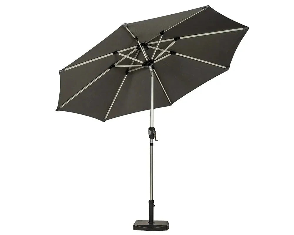 Grey 2.7m solar LED crank tilt parasol with metal frame and sturdy square base