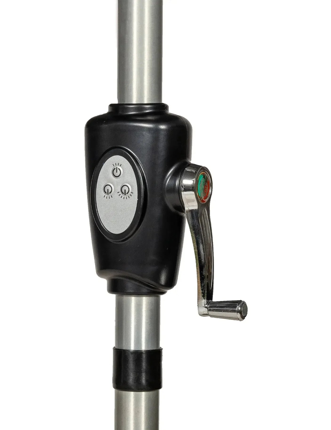 Manual crank handle and control panel on metal parasol pole close-up