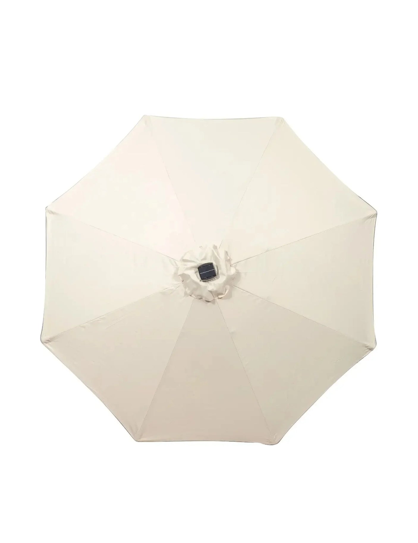 Beige garden parasol canopy top view with octagonal shade and solar panel feature