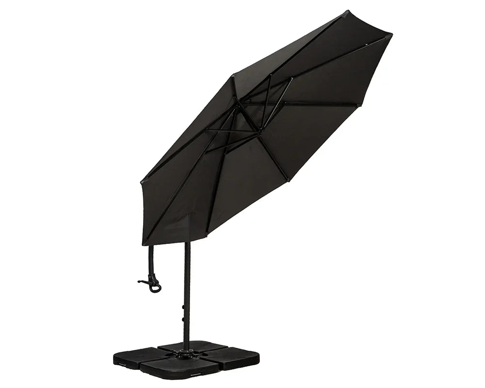 Black cantilever garden parasol with crank handle and sturdy base on white background