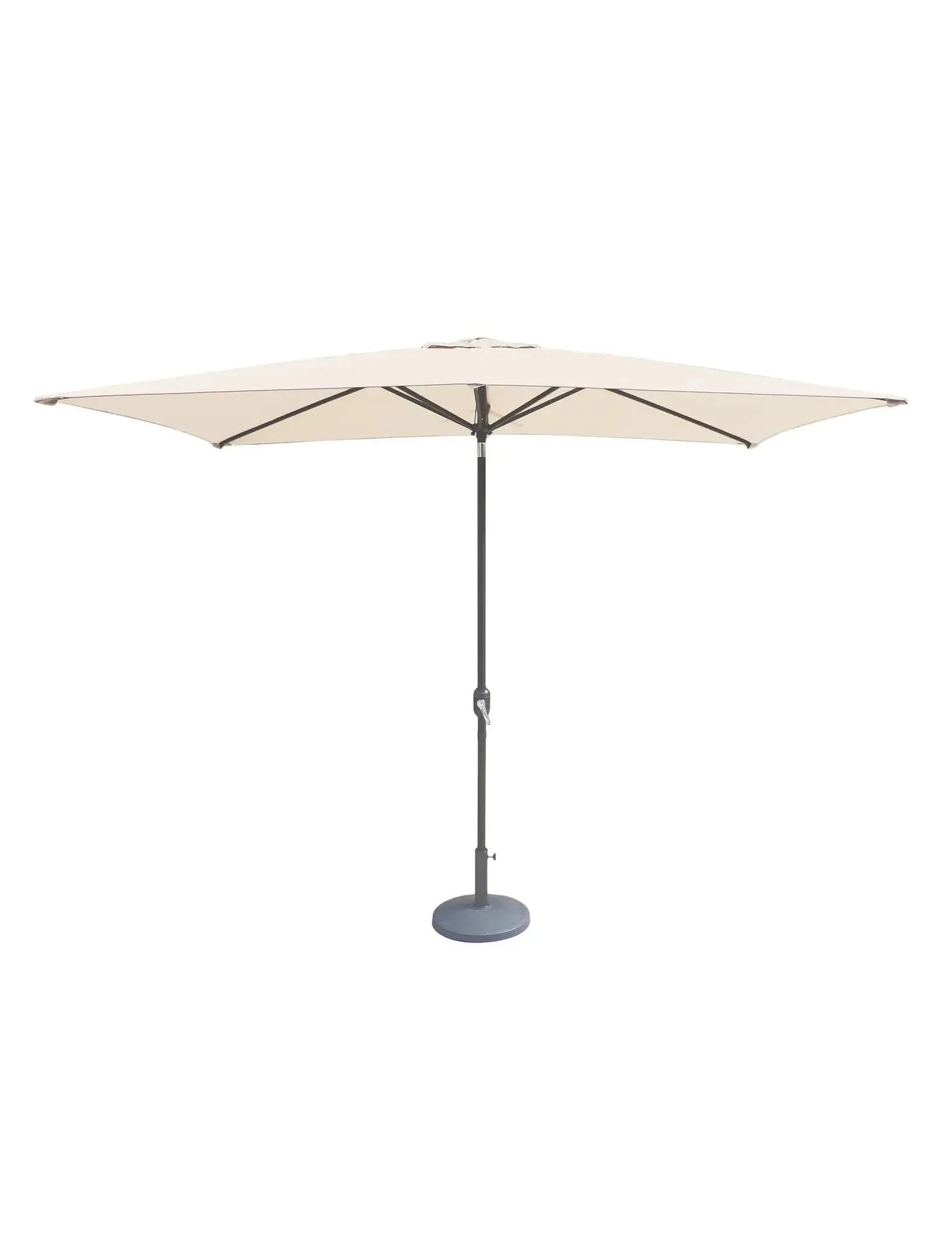 Cream rectangular outdoor parasol with metal pole and round base