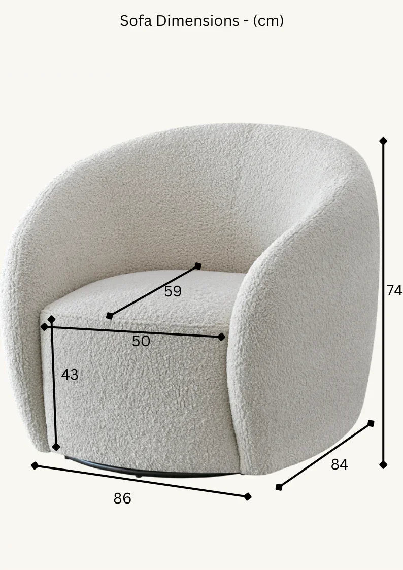 Cream boucle accent chair with curved backrest and detailed sofa dimensions in centimeters