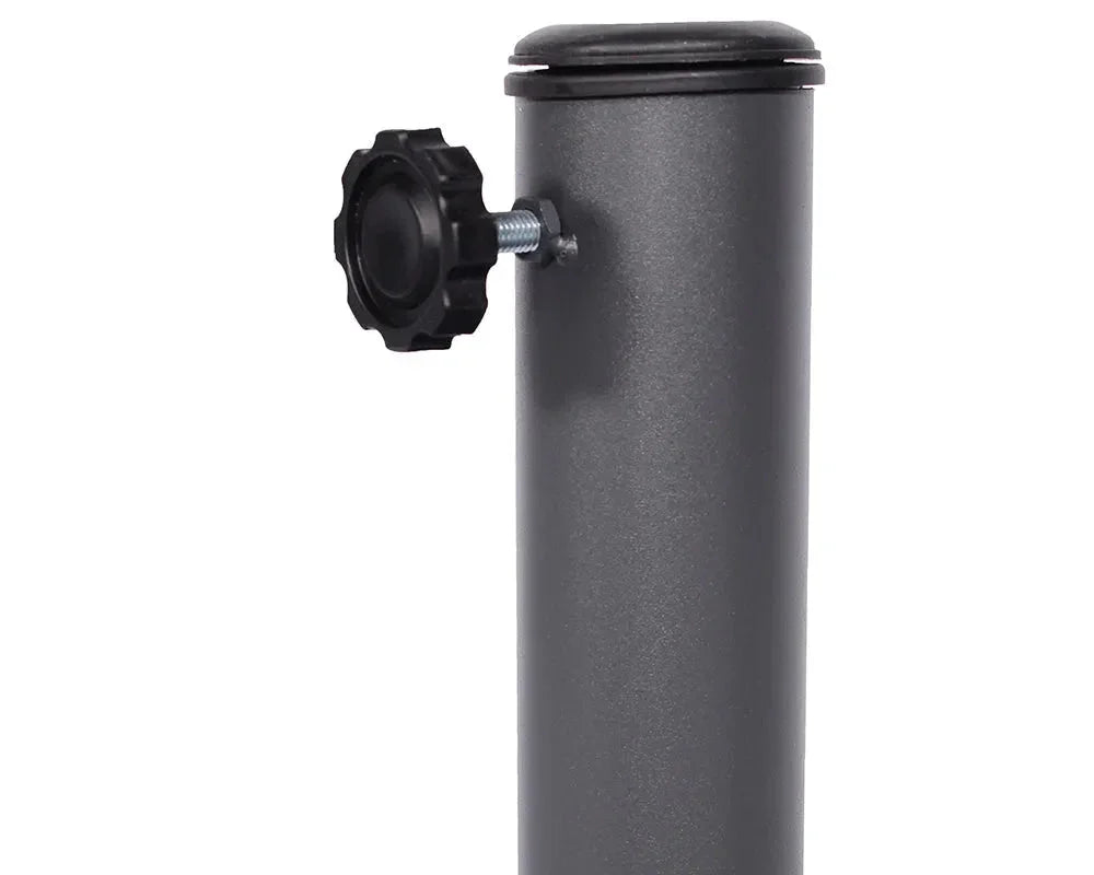 Black metal parasol base tube with tightening knob and cap