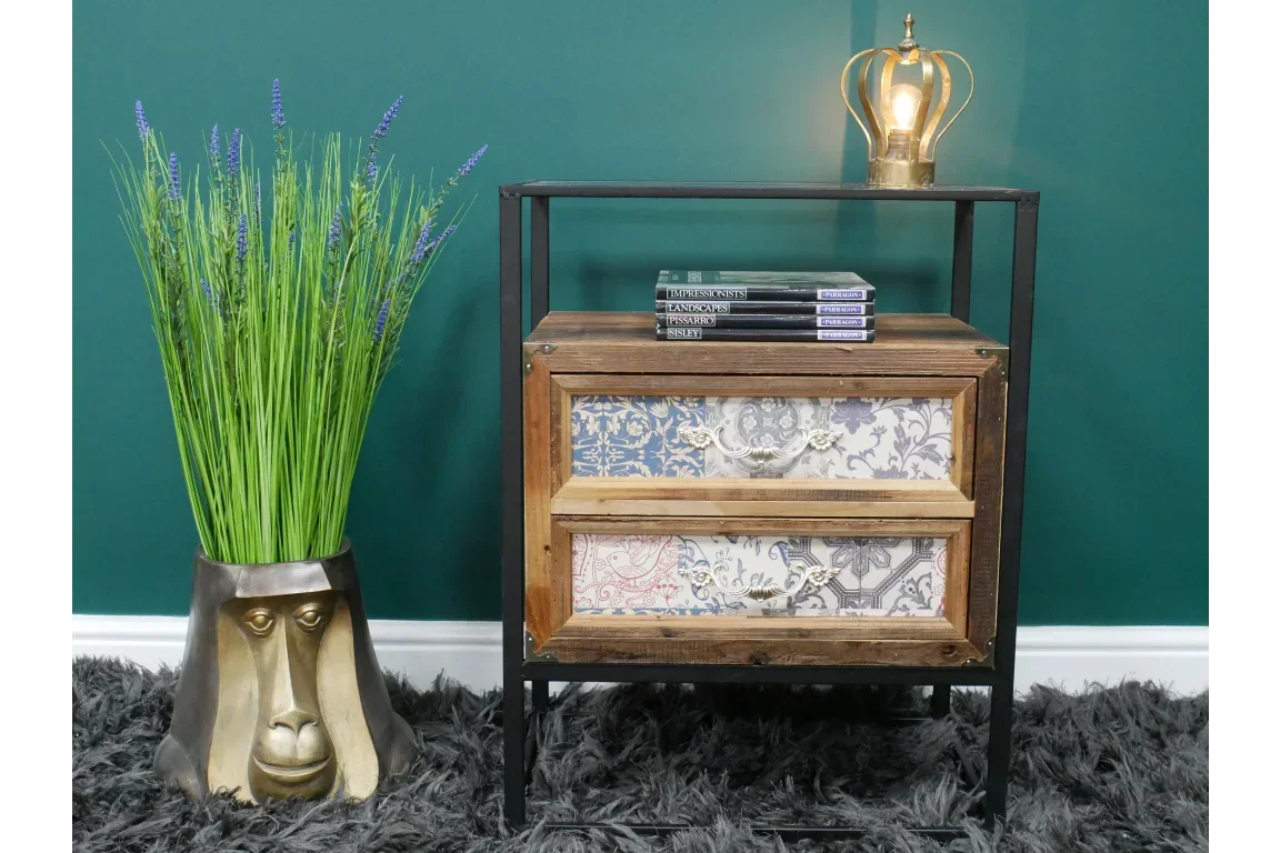 Rustic wooden bedside table with patterned drawers and black metal frame