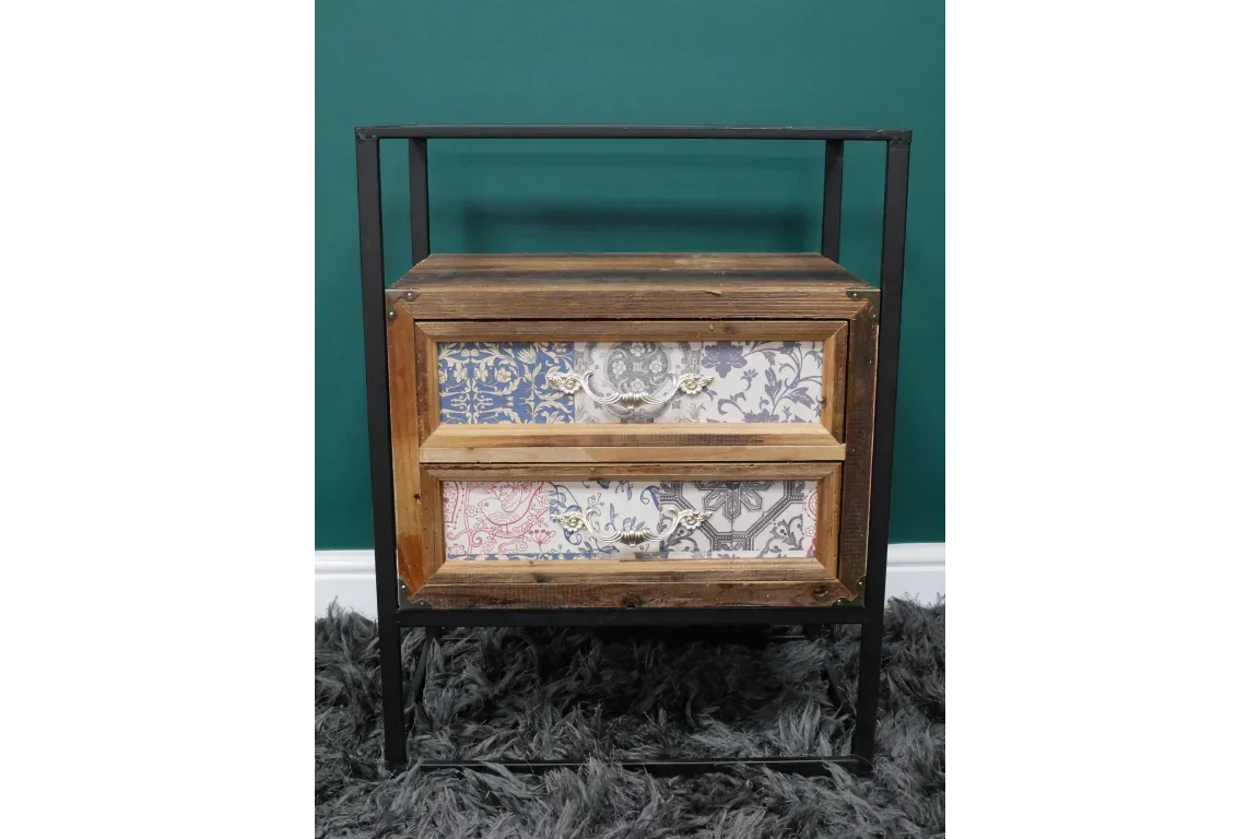 Industrial bedside table with patterned drawers, rustic wood frame and black metal legs