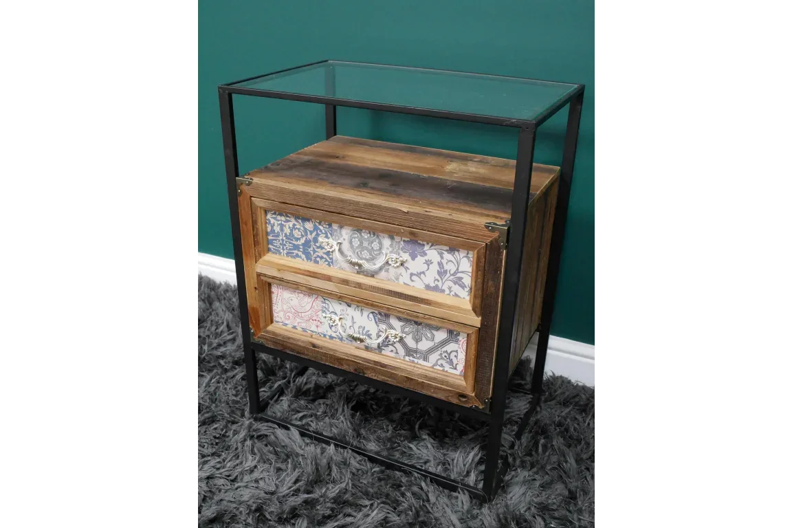 Industrial bedside table with glass top, metal frame, and two patterned wood drawers
